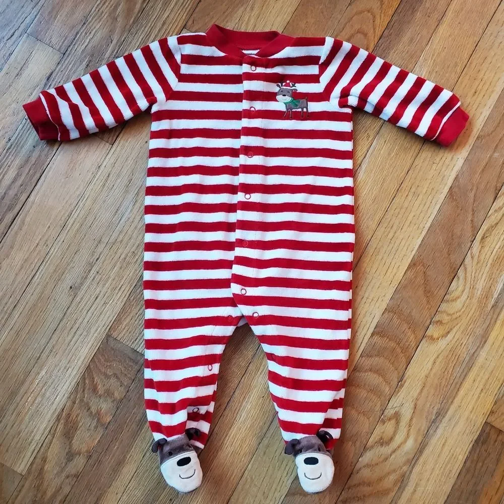 Carters red & white striped reindeer Christmas button up sleeper pj‎ sz 6 months
